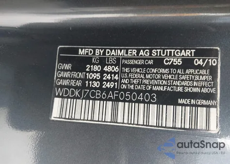2010 Mercedes-Benz E 550 from USA, damaged, VIN WDDKJ7CB6AF050403